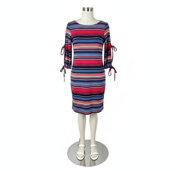 NWOT Cupio Colorful Striped Bodycon Cold Shoulder Dress w/ Tie Sleeves Sz M - Picture 4 of 13